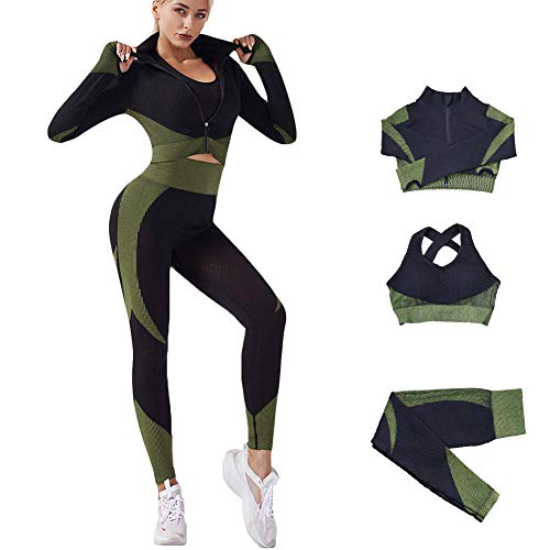 Veriliss 3 Piezas Mujer Yoga Traje Entrenamiento Para, Gym Mallas de Yoga Sin Costuras y Sujetador Deportivo Elástico Ropa de Gimnasio (NegroVerde, S)