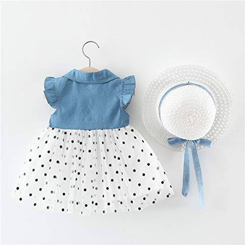 Vestido Bebé Niña Verano sin Mangas Elegante - Falda Corta de Niña + Sombrero de Sol con Lazo Conjunto de 2 Piezas - Vestido Bebés Playa para Cumpleaños,Vacaciones (Azul Claro-a, 2-3 años)
