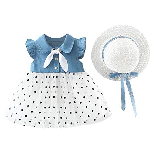 Vestido Bebé Niña Verano sin Mangas Elegante - Falda Corta de Niña + Sombrero de Sol con Lazo Conjunto de 2 Piezas - Vestido Bebés Playa para Cumpleaños,Vacaciones (Azul Claro-a, 2-3 años)