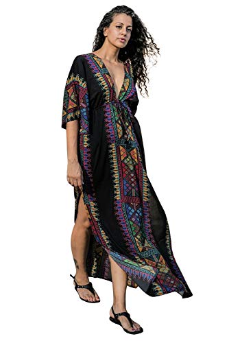 Vestido Boho Mujer Largo Talla Grande Camisolas y Pareos Indios Bohemio Hippie Chic Tunica Piscina Caftan Africano Kaftan Etnico Kimono Flores Maxi Dress Ropa Hawaiana Traje de Baño Bikini Cover Up