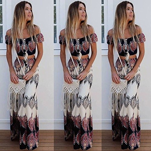 Vestido Boho Verano Mujer Conjunto de Falda para,Dos Piezas Conjunto de Falda para Arriba con botón Bowknot Holiday Beach Absolute S