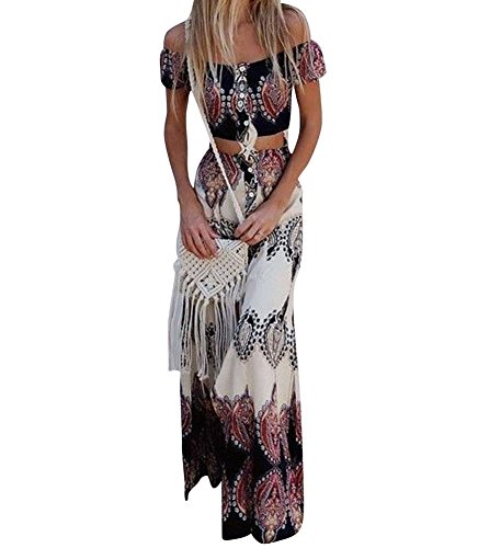 Vestido Boho Verano Mujer Conjunto de Falda para,Dos Piezas Conjunto de Falda para Arriba con botón Bowknot Holiday Beach Absolute S