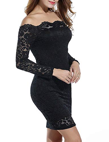 Vestido de Fiesta Encaje Manga Larga sin Hombros Lápiz Mujer Bodycon (Negro, XL)