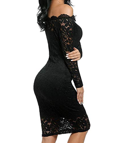 Vestido de Fiesta Encaje Manga Larga sin Hombros Lápiz Mujer Bodycon (Negro, XL)