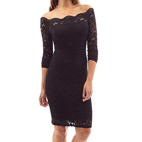 Vestido de Fiesta Encaje Manga Larga sin Hombros Lápiz Mujer Bodycon (Negro, XL)