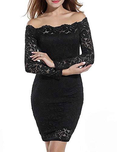 Vestido de Fiesta Encaje Manga Larga sin Hombros Lápiz Mujer Bodycon (Negro, XL)