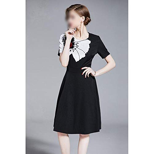 Vestido de Mujer Fragancia pequeña Falda de Columpio Alto Delgado Grande Cuello Redondo Bordado Collage Falda una línea Vestido de Manga Corta francés (Color : Negro, Size : 2XL)