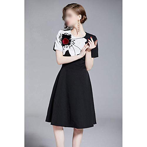 Vestido de Mujer Fragancia pequeña Falda de Columpio Alto Delgado Grande Cuello Redondo Bordado Collage Falda una línea Vestido de Manga Corta francés (Color : Negro, Size : 2XL)