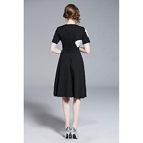 Vestido de Mujer Fragancia pequeña Falda de Columpio Alto Delgado Grande Cuello Redondo Bordado Collage Falda una línea Vestido de Manga Corta francés (Color : Negro, Size : 2XL)