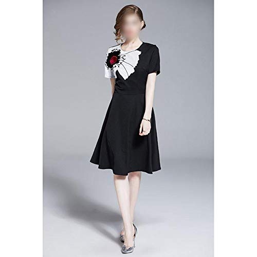 Vestido de Mujer Fragancia pequeña Falda de Columpio Alto Delgado Grande Cuello Redondo Bordado Collage Falda una línea Vestido de Manga Corta francés (Color : Negro, Size : 2XL)
