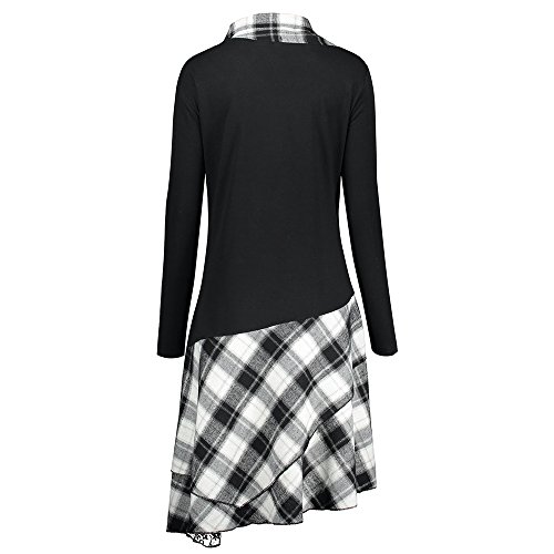 Vestido de Mujer Primavera Manga Larga Vestido de Cuadros y de Encaje en Color de Contraste (Blanco+Negro, XL)