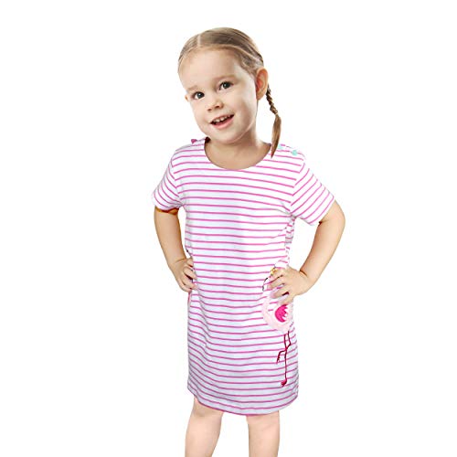 Vestido De Niña Pequeña Manga Corta Casual Algodón Raya Historieta Animal Lindo Aplique Flamenco Patrón Vestido Niña Camiseta 1-8 Años (Rosa)