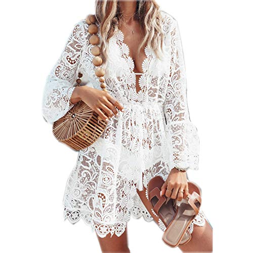 Vestido de Playa Mujer Pareos y Camisola Sexy Hueco Bikini Cover up Suelto de Manga Larga Ropa Traje de Baño Punto de Encaje con Cuello en V Blanco L