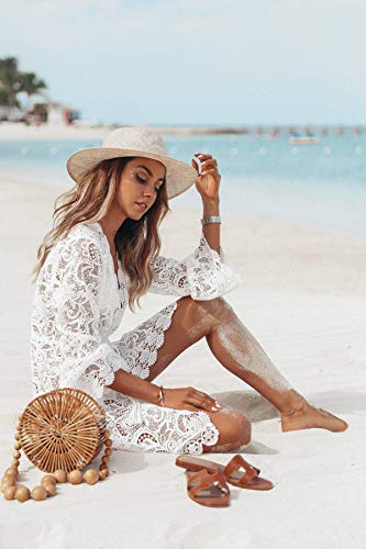 Vestido de Playa Mujer Pareos y Camisola Sexy Hueco Bikini Cover up Suelto de Manga Larga Ropa Traje de Baño Punto de Encaje con Cuello en V Blanco M