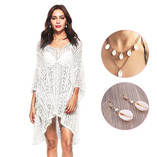 Vestido de Playa para Mujer, Vestido de Playa Ahuecado para Mujer Sarongs Bikini de Verano Traje de baño Coverups + Collar + Pendientes