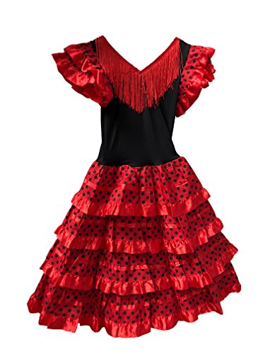 Vestido Flamenco Disfraz Sevillanas Rosa Rojo Topos (Rojo, 6-7 Años)