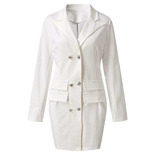 Vestido Largo Double Breasted Botones Vestido de Abrigo Delgado de Color sólido para Mujer Blazer Manga Larga Chaqueta del Traje Mini Vestido Blanco 38