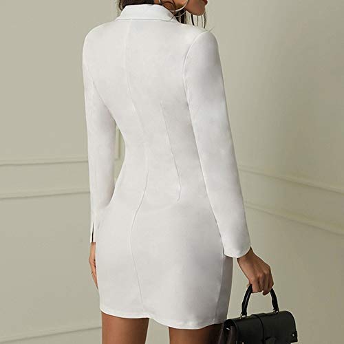 Vestido Largo Double Breasted Botones Vestido de Abrigo Delgado de Color sólido para Mujer Blazer Manga Larga Chaqueta del Traje Mini Vestido Blanco 38