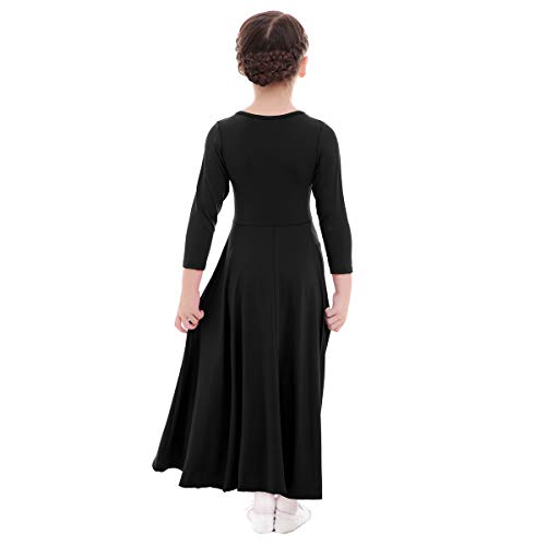 Vestido Litúrgico de Niña Manga Larga O-Cuello Color Sólido Oscilación Plisado Largo Maxi Alabanza Vestidos Iglesia Traje de Adoración Ballet Flamenco Danza Túnico Fiesta Casual Negro 5-6 Años