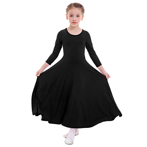 Vestido Litúrgico de Niña Manga Larga O-Cuello Color Sólido Oscilación Plisado Largo Maxi Alabanza Vestidos Iglesia Traje de Adoración Ballet Flamenco Danza Túnico Fiesta Casual Negro 5-6 Años