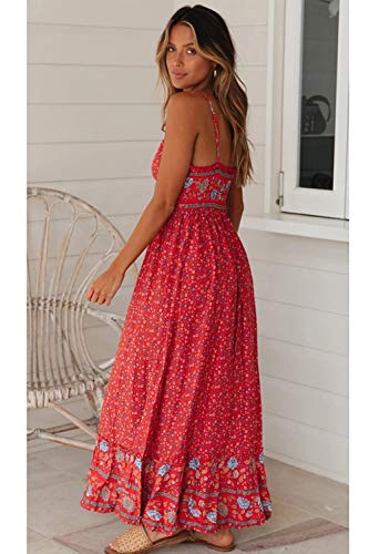 Vestido Maxi Floral para Mujer Vestidos De Playa Bohemios con Tirantes Finos De Verano Rojo L