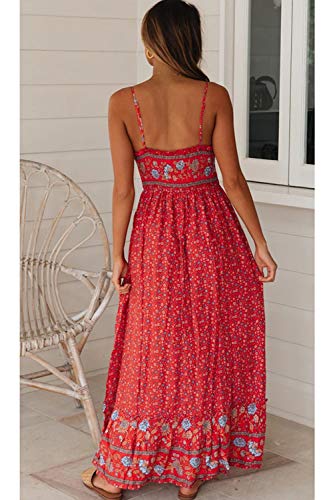 Vestido Maxi Floral para Mujer Vestidos De Playa Bohemios con Tirantes Finos De Verano Rojo L