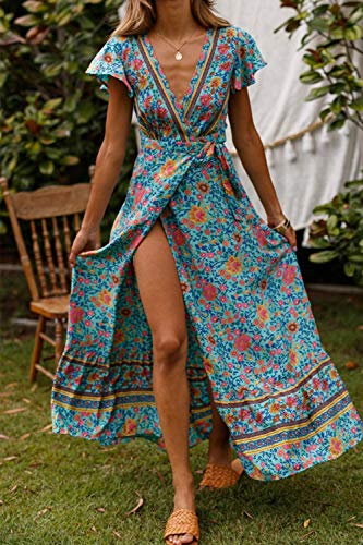 Vestido Mujer Bohemio Largo Verano Playa Fiesta Floral Manga Corta Cuello en V Talla Split Wrap Maxi Vestidos 6 S