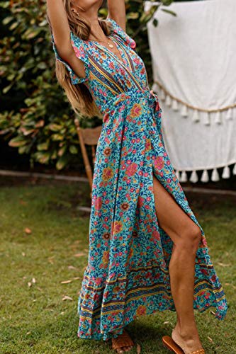 Vestido Mujer Bohemio Largo Verano Playa Fiesta Floral Manga Corta Cuello en V Talla Split Wrap Maxi Vestidos 6 S