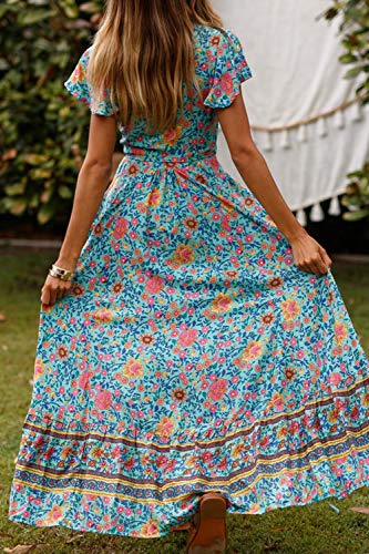 Vestido Mujer Bohemio Largo Verano Playa Fiesta Floral Manga Corta Cuello en V Talla Split Wrap Maxi Vestidos 6 S
