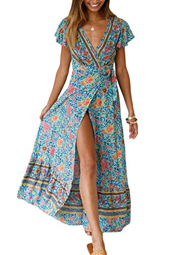 Vestido Mujer Bohemio Largo Verano Playa Fiesta Floral Manga Corta Cuello en V Talla Split Wrap Maxi Vestidos 6 S
