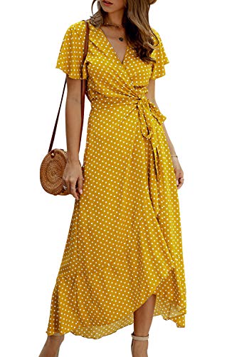 Vestido Mujer Bohemio Largo Verano Playa Fiesta Floral/Ploka Dot Manga Corta Cuello en V Talla Split Wrap Maxi Vestidos Amarillo L