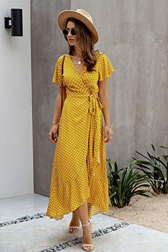 Vestido Mujer Bohemio Largo Verano Playa Fiesta Floral/Ploka Dot Manga Corta Cuello en V Talla Split Wrap Maxi Vestidos Amarillo S