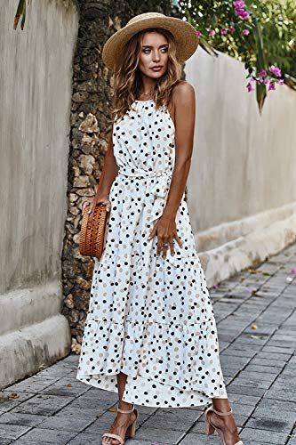 Vestido Mujer Bohemio Largo Verano Playa Fiesta Skater a Lunares Sin Mangas Boho Maxi Vestidos con Cinturón Punto Blanco S