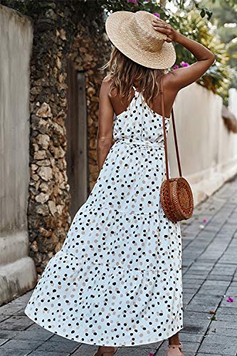 Vestido Mujer Bohemio Largo Verano Playa Fiesta Skater a Lunares Sin Mangas Boho Maxi Vestidos con Cinturón Punto Blanco S