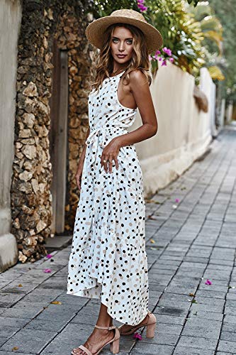 Vestido Mujer Bohemio Largo Verano Playa Fiesta Skater a Lunares Sin Mangas Boho Maxi Vestidos con Cinturón Punto Blanco S