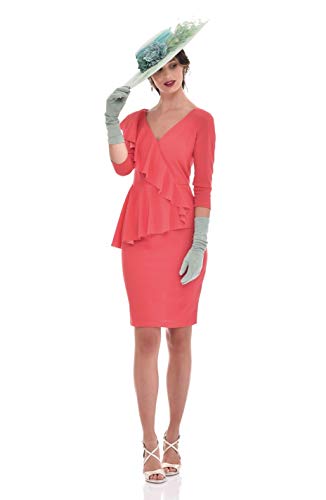 Vestido Mujer Fiesta Boda Evento Elegante Corto Entallado Manga Francesa Volante en Cintura (Coral, XL) P220515