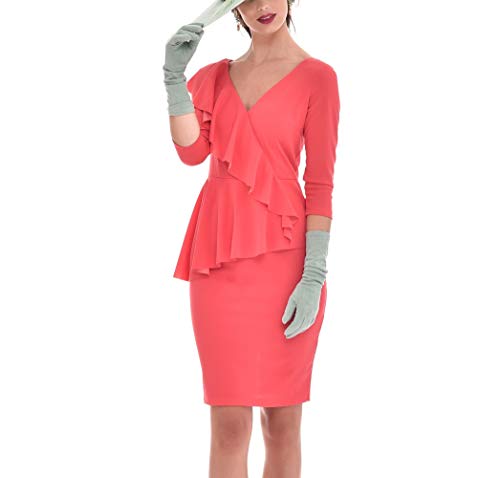 Vestido Mujer Fiesta Boda Evento Elegante Corto Entallado Manga Francesa Volante en Cintura (Coral, XL) P220515