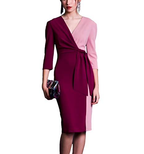 Vestido Mujer Fiesta Coctel Boda Elegante Corto Ajustado Manga Larga (Rosa Y Burdeos, s) P420501