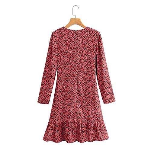 Vestido para Mujer,Vestidos De Cuello Redondo con Estampado De Rosas De Moda Casual, con Minivestido En Forma De A De Estilo Francés De Manga Larga con Barra, Rojo, L