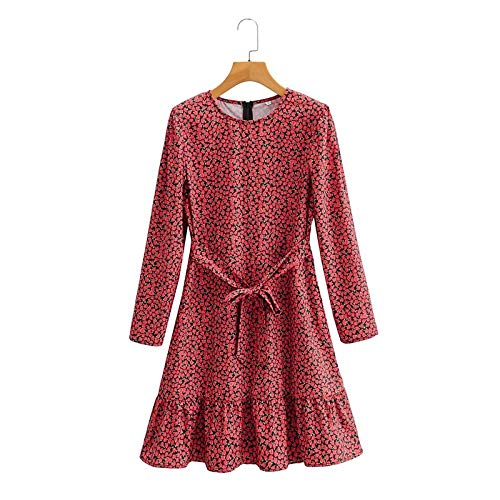 Vestido para Mujer,Vestidos De Cuello Redondo con Estampado De Rosas De Moda Casual, con Minivestido En Forma De A De Estilo Francés De Manga Larga con Barra, Rojo, L