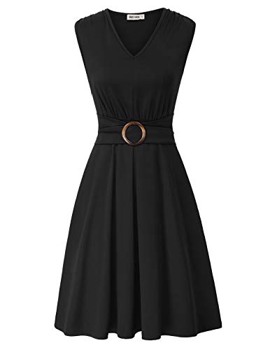 Vestido sin Mangas con Cuello en V y Cintura Alta para Mujer Línea Casual Plisada Negra XL CLS02215-1