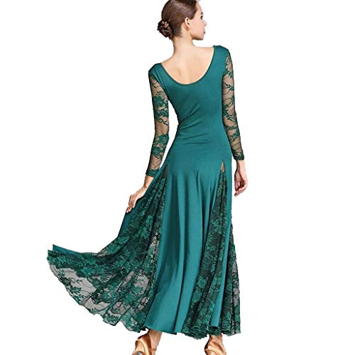 Vestidos de Baile de Salón para Mujer Conjunto de Baile de Encaje de Manga Larga Suave Vals Tango Gran Oscilación Vestidos de Competición Disfraz de Rendimiento (Color : Green, Size : XL)