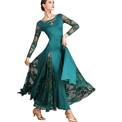 Vestidos de Baile de Salón para Mujer Conjunto de Baile de Encaje de Manga Larga Suave Vals Tango Gran Oscilación Vestidos de Competición Disfraz de Rendimiento (Color : Green, Size : XL)