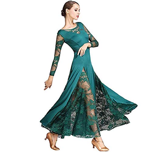 Vestidos de Baile de Salón para Mujer Conjunto de Baile de Encaje de Manga Larga Suave Vals Tango Gran Oscilación Vestidos de Competición Disfraz de Rendimiento (Color : Green, Size : XL)