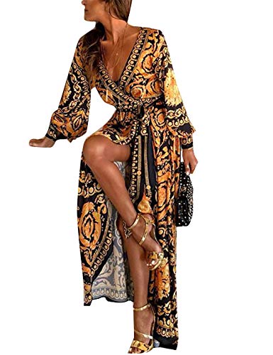 Vestidos De Cóctel Africano Bohemio De Manga Larga Abrigo De Fiesta Maxi Vestido De Mujer Amarillo XL