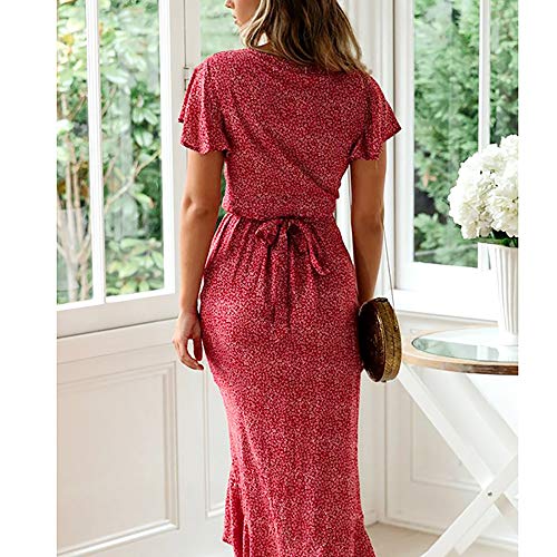 Vestidos De Mujer Bohemia Estampado Floral Abrigo con Cuello En V De Alta DivisióN De Manga Corta Vestido Maxi éTnico para La Playa De Verano