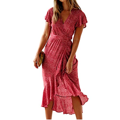 Vestidos De Mujer Bohemia Estampado Floral Abrigo con Cuello En V De Alta DivisióN De Manga Corta Vestido Maxi éTnico para La Playa De Verano