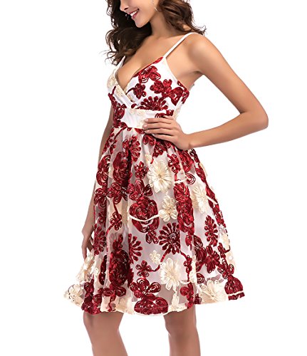 Vestidos De Mujer De Fiesta De Coctel Cortos Elegantes Sin Mangas V Cuello Cintura Alta Dresses Señoras Moderno A-Line Vestidos Años 50 Vintage Moda Flores Vestido Verano (Color : Blanco, Size : S)