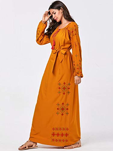 Vestidos de Mujer Tallas Grandes Bordado Vestidos árabes de Manga Larga Kaftan marroquí Dubai Abaya Vestido Largo musulmán Ropa Femenina Amarillo L