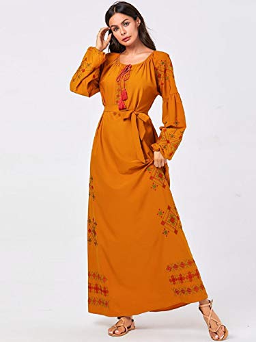Vestidos de Mujer Tallas Grandes Bordado Vestidos árabes de Manga Larga Kaftan marroquí Dubai Abaya Vestido Largo musulmán Ropa Femenina Amarillo L